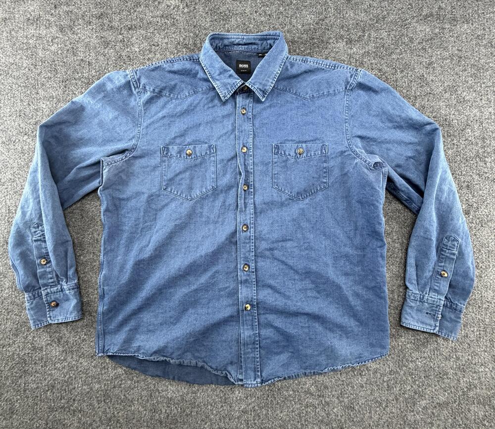 Hugo Boss Shirt Mens 2XL Blue Denim Long Sleeve Western Button Up Slim Fit